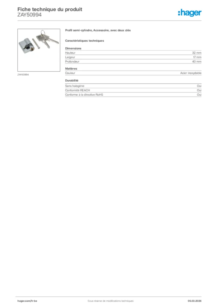 Image Hager Fiche technique du produit ZAY50994 | Hager Belgique