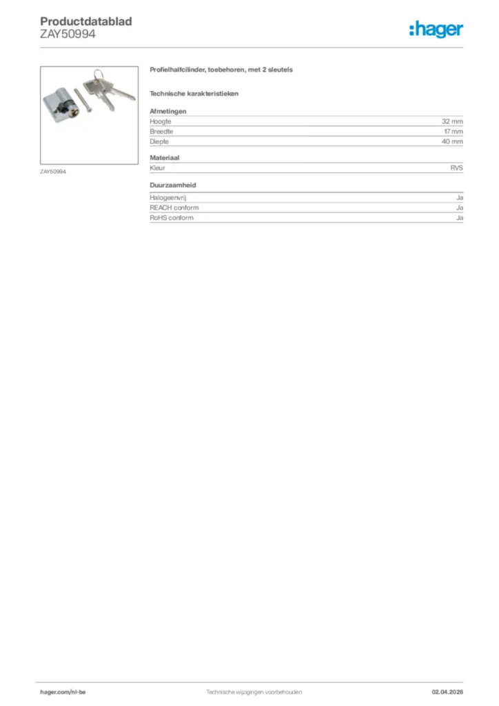 Afbeelding Hager Productdatablad ZAY50994 | Hager Belgium