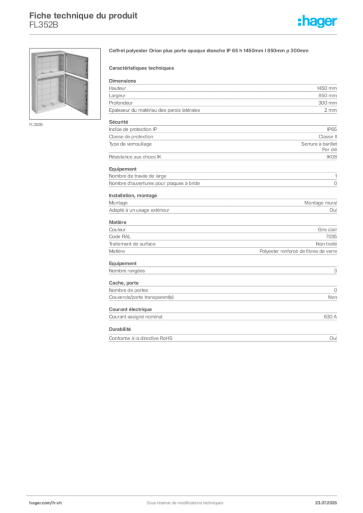 Image Hager Fiche technique du produit FL352B | Hager Suisse