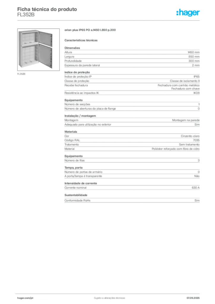 Imagem Hager Ficha técnica do produto FL352B | Hager Portugal