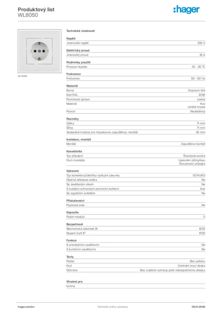 Obrázek Hager Product data sheet WL8050 | Hager