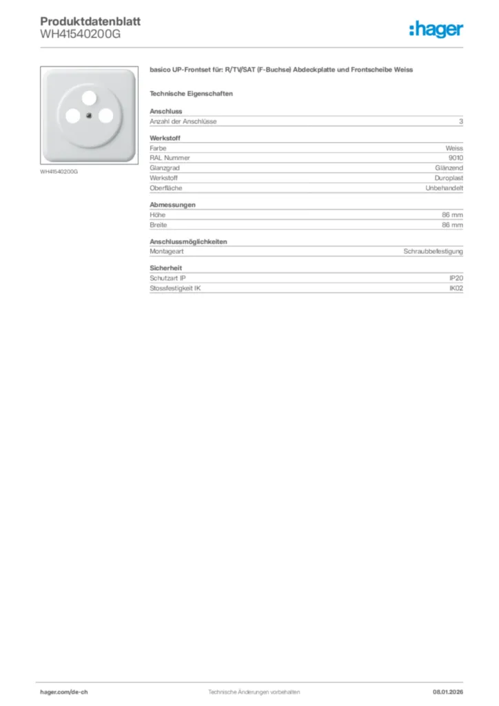Bild Hager Produktdatenblatt WH41540200G | Hager Schweiz