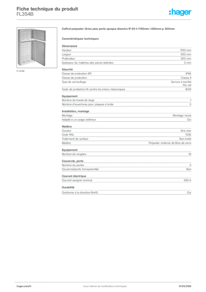 Image Hager Fiche technique du produit FL354B | Hager France