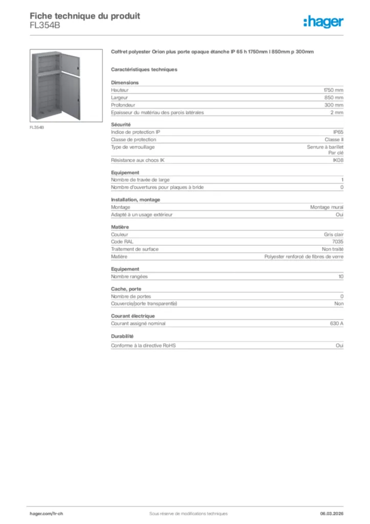 Image Hager Fiche technique du produit FL354B | Hager Suisse