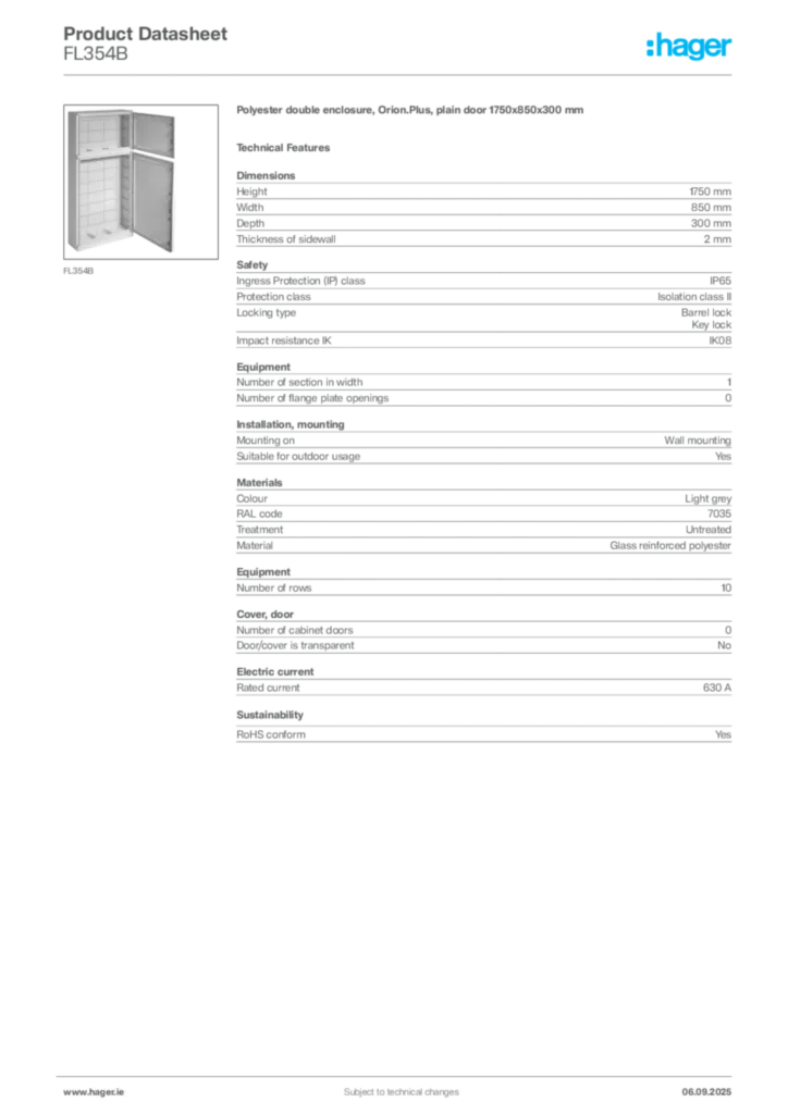 Image Hager Product data sheet FL354B  | Hager