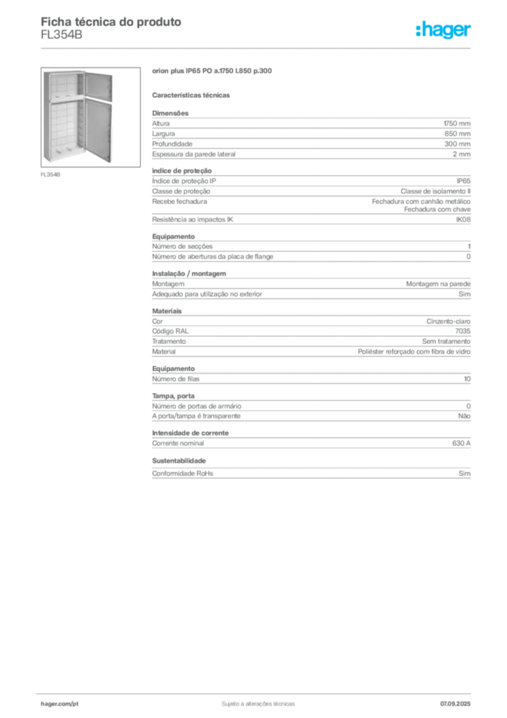 Imagem Hager Ficha técnica do produto FL354B | Hager Portugal