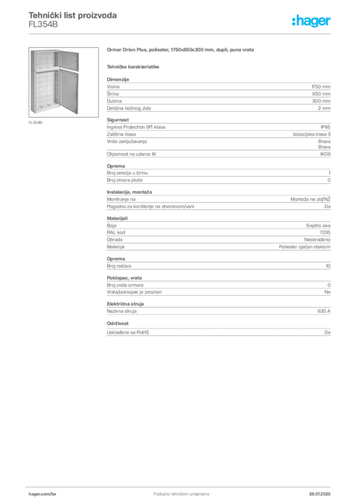 Slika Hager Product data sheet FL354B  | Hager