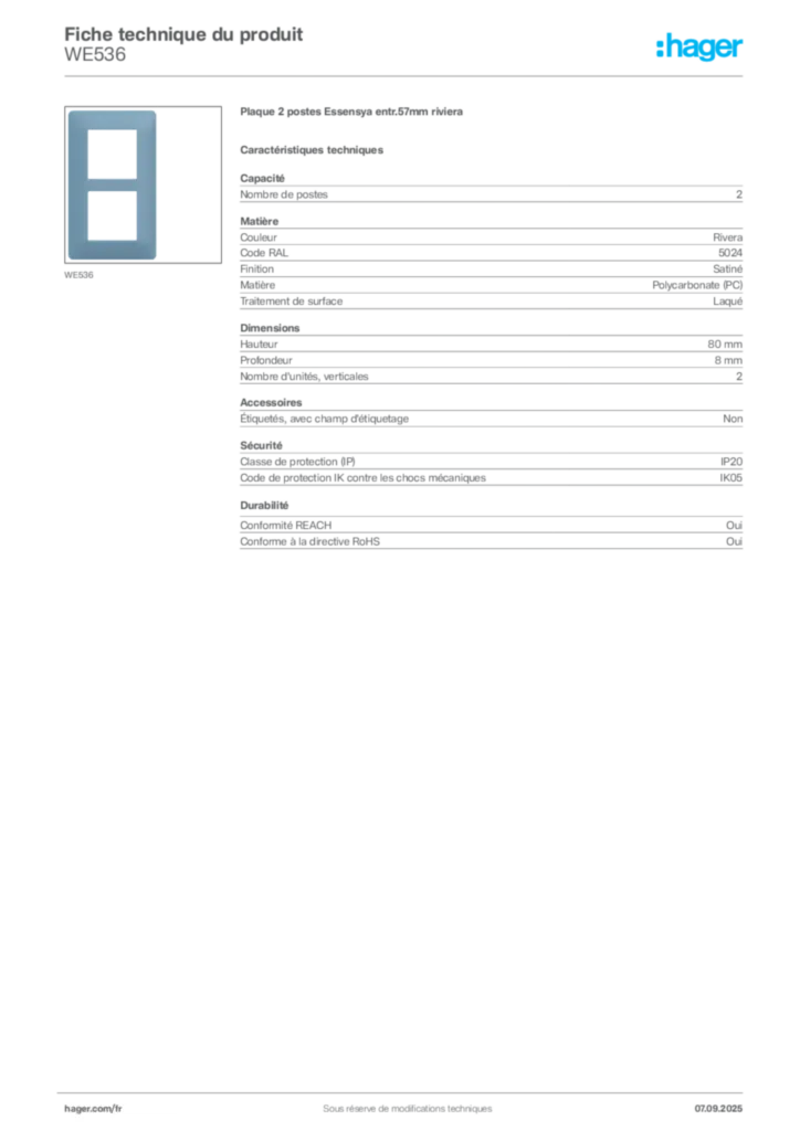 Image Hager Fiche technique du produit WE536 | Hager France