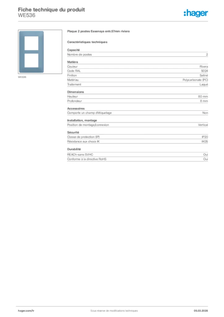 Image Hager Fiche technique du produit WE536 | Hager France