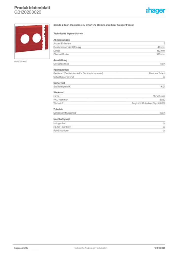 Bild Hager Produktdatenblatt GB120203020 | Hager Deutschland