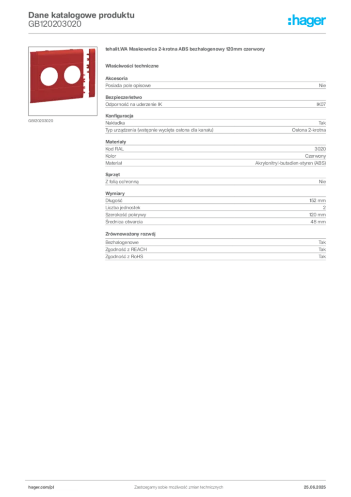 Zdjęcie Hager Karta katalogowa GB120203020 | Hager Polska