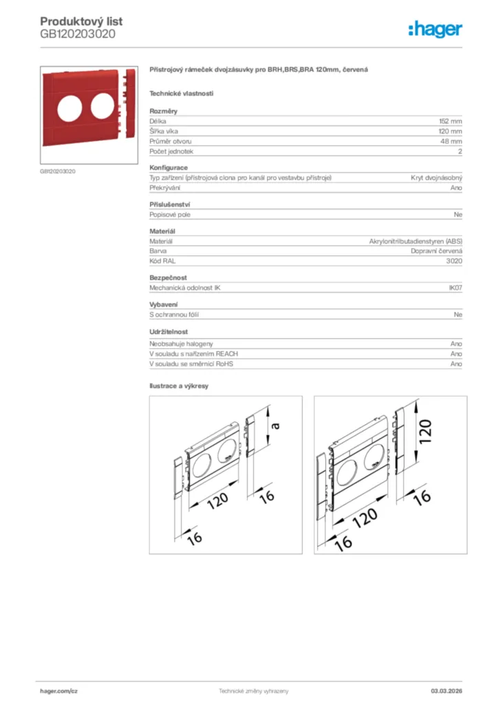 Obrázek Hager Product data sheet GB120203020 | Hager