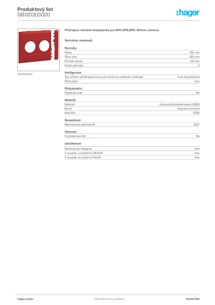 Obrázek Hager Produktový list GB120203020 | Hager