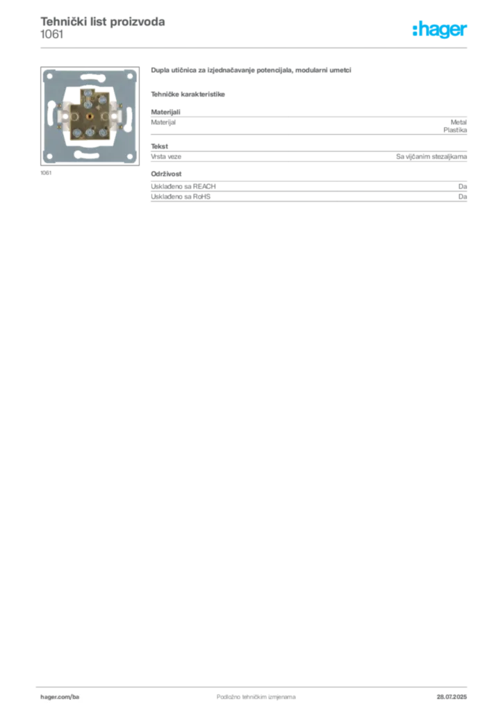 Slika Hager Product data sheet 1061  | Hager