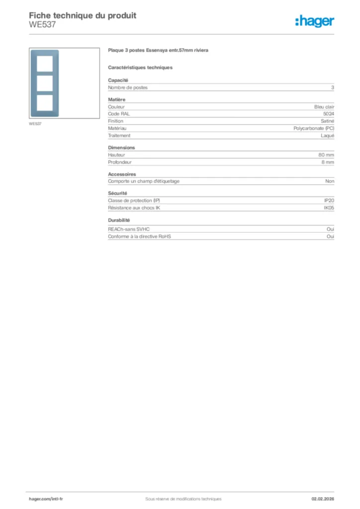 Image Hager Fiche technique du produit WE537 | Hager Afrique