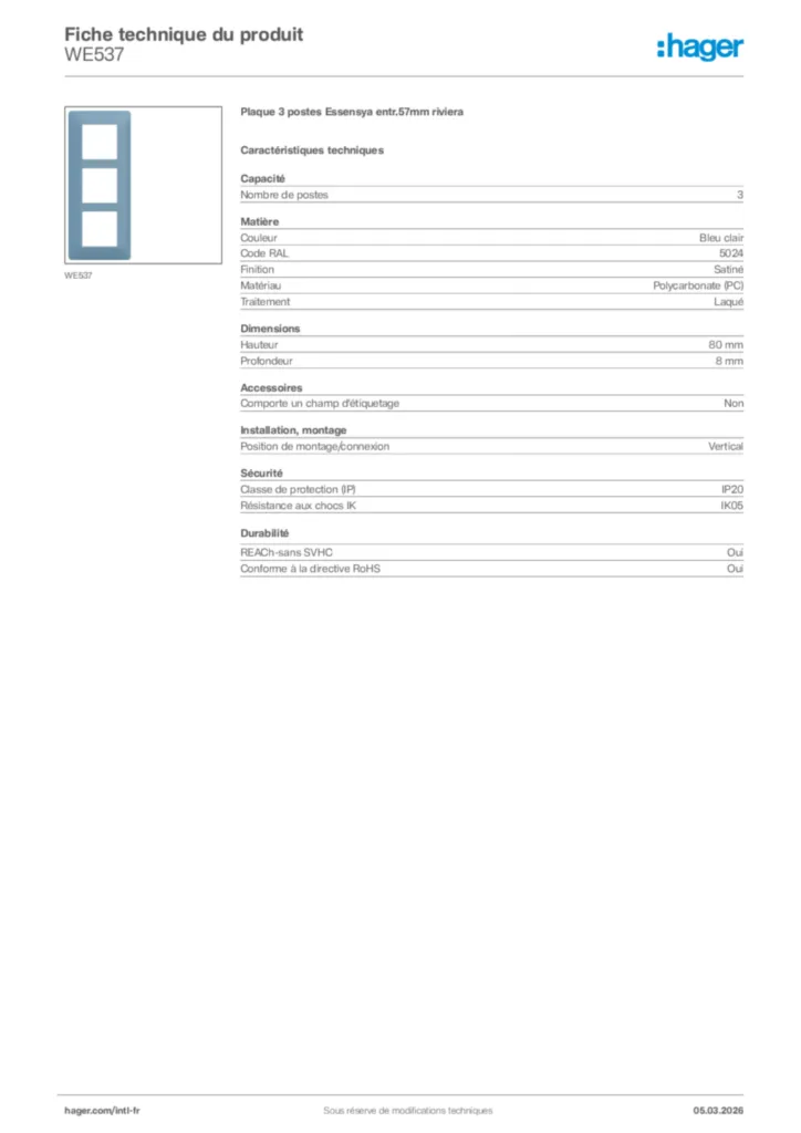 Image Hager Fiche technique du produit WE537 | Hager Afrique