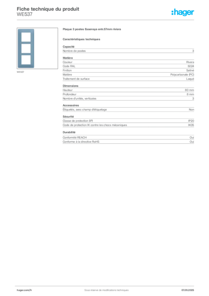 Image Hager Fiche technique du produit WE537 | Hager France