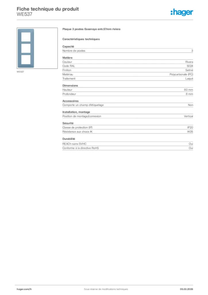 Image Hager Fiche technique du produit WE537 | Hager France