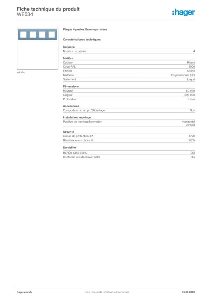 Image Hager Fiche technique du produit WE534 | Hager France