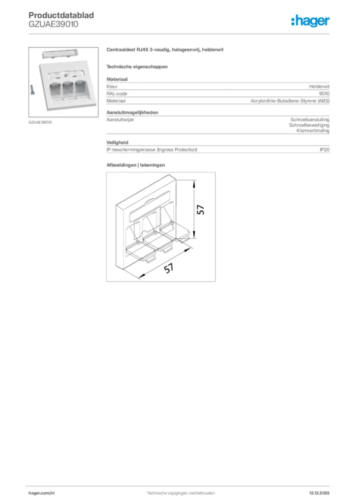 Afbeelding Hager Productdatablad GZUAE39010 | Hager Nederland