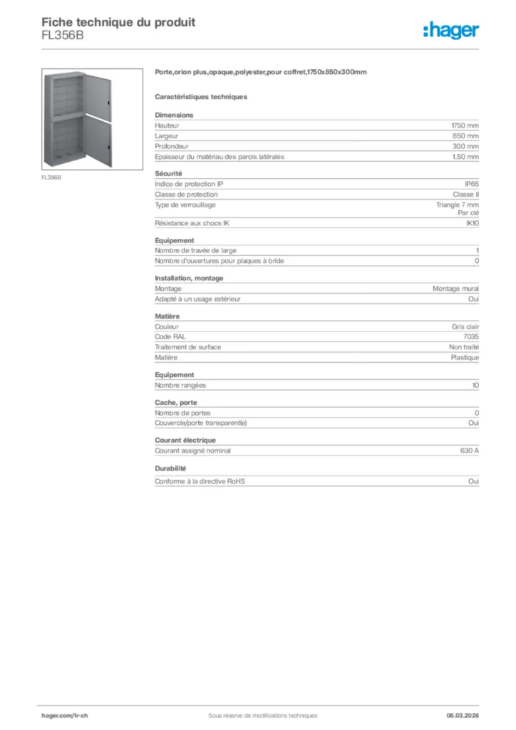 Image Hager Fiche technique du produit FL356B | Hager Suisse
