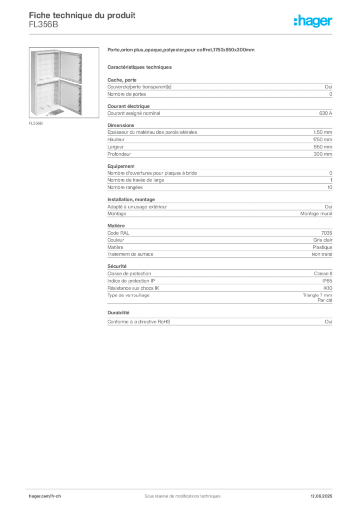 Image Hager Fiche technique du produit FL356B | Hager Suisse