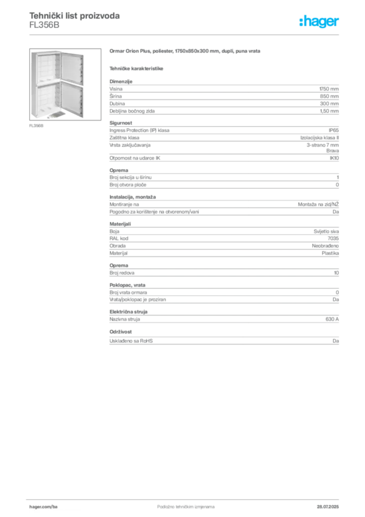 Slika Hager Product data sheet FL356B  | Hager