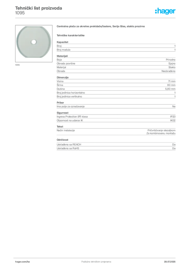Slika Hager Product data sheet 1095  | Hager