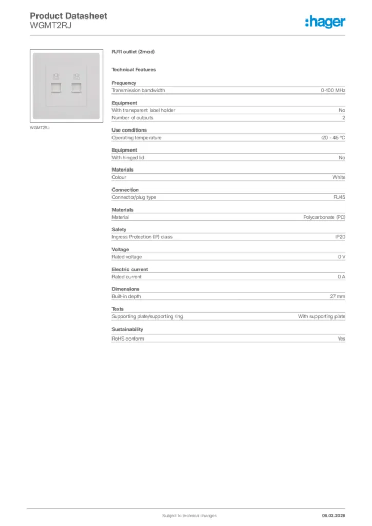 Image Hager Product data sheet WGMT2RJ  | Hager