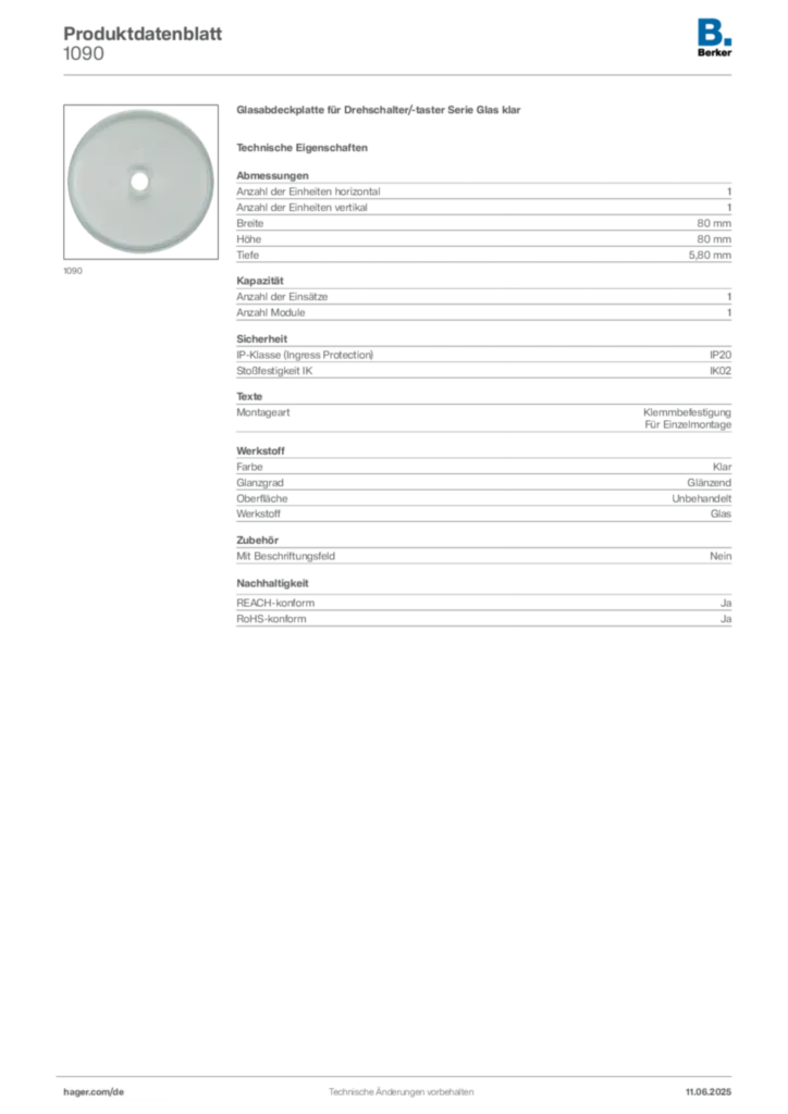 Bild Berker Produktdatenblatt 1090 | Hager Deutschland