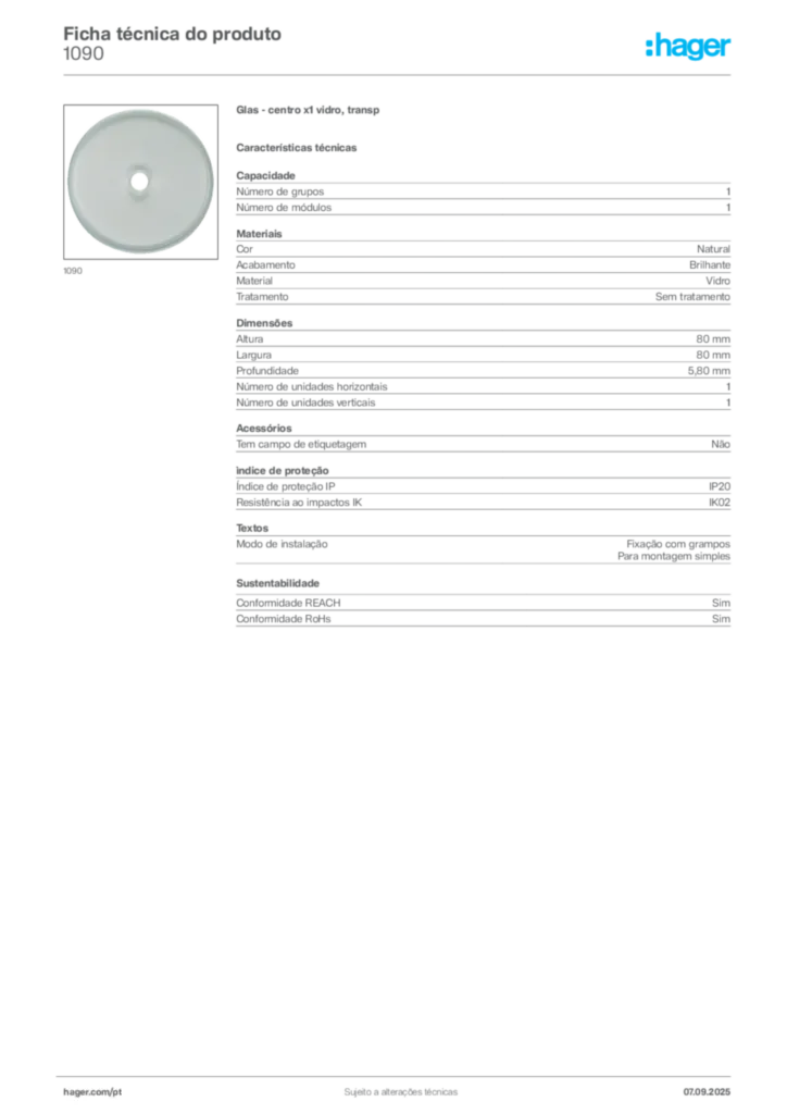 Imagem Hager Ficha técnica do produto 1090 | Hager Portugal