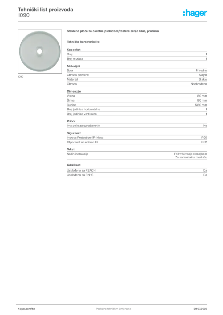 Slika Hager Product data sheet 1090  | Hager
