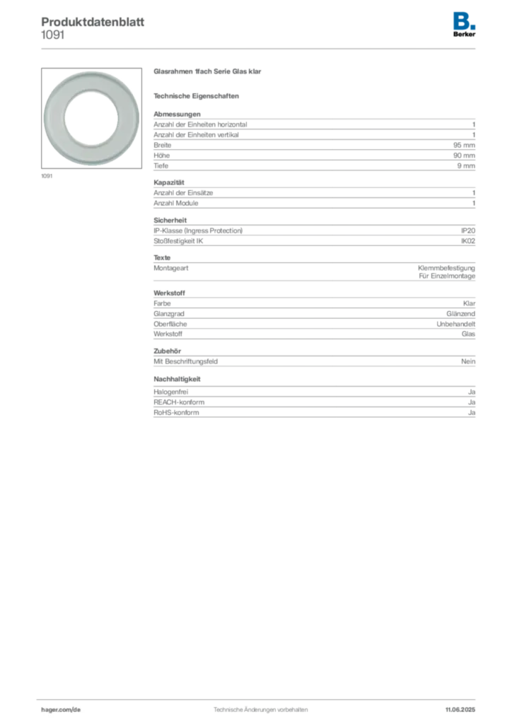 Bild Berker Produktdatenblatt 1091 | Hager Deutschland
