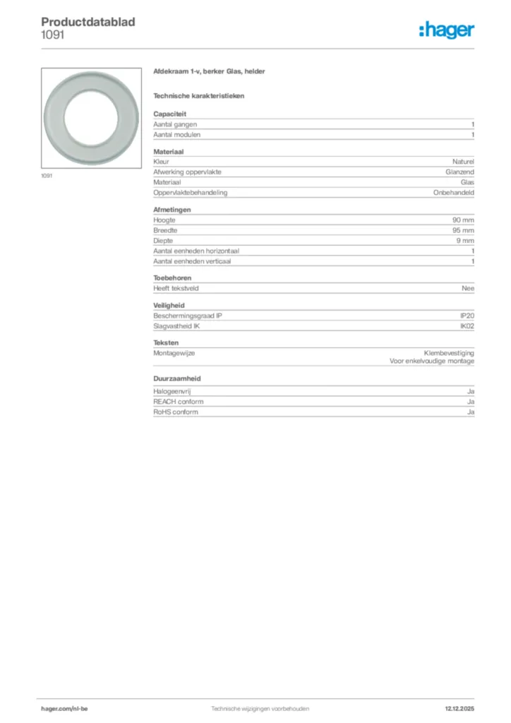 Afbeelding Hager Productdatablad 1091 | Hager Belgium