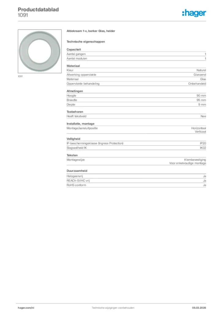 Afbeelding Hager Productdatablad 1091 | Hager Nederland