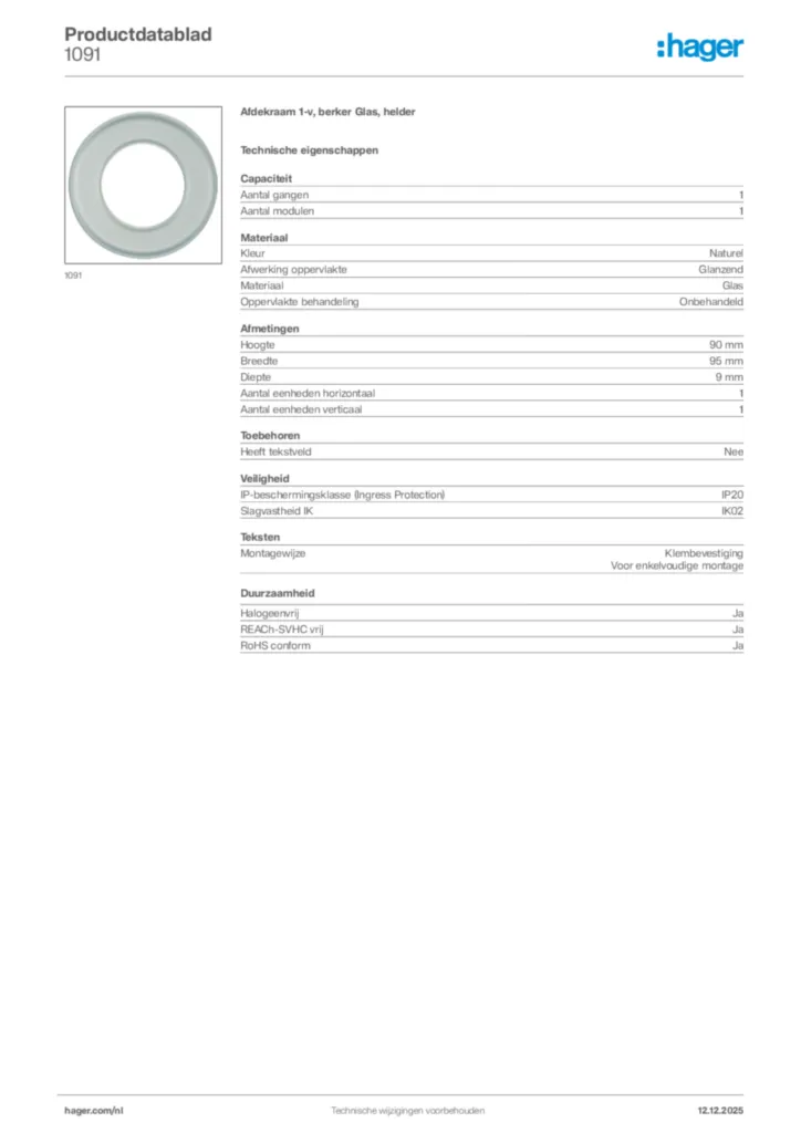 Afbeelding Hager Productdatablad 1091 | Hager Nederland