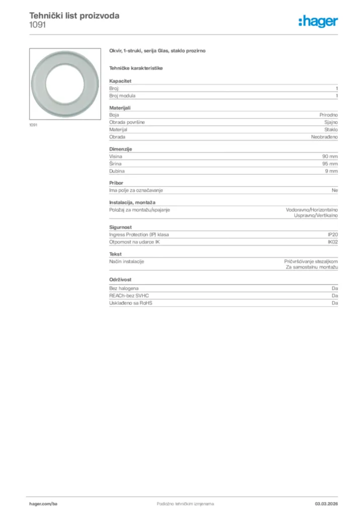 Slika Hager Tehnički list proizvoda 1091  | Hager