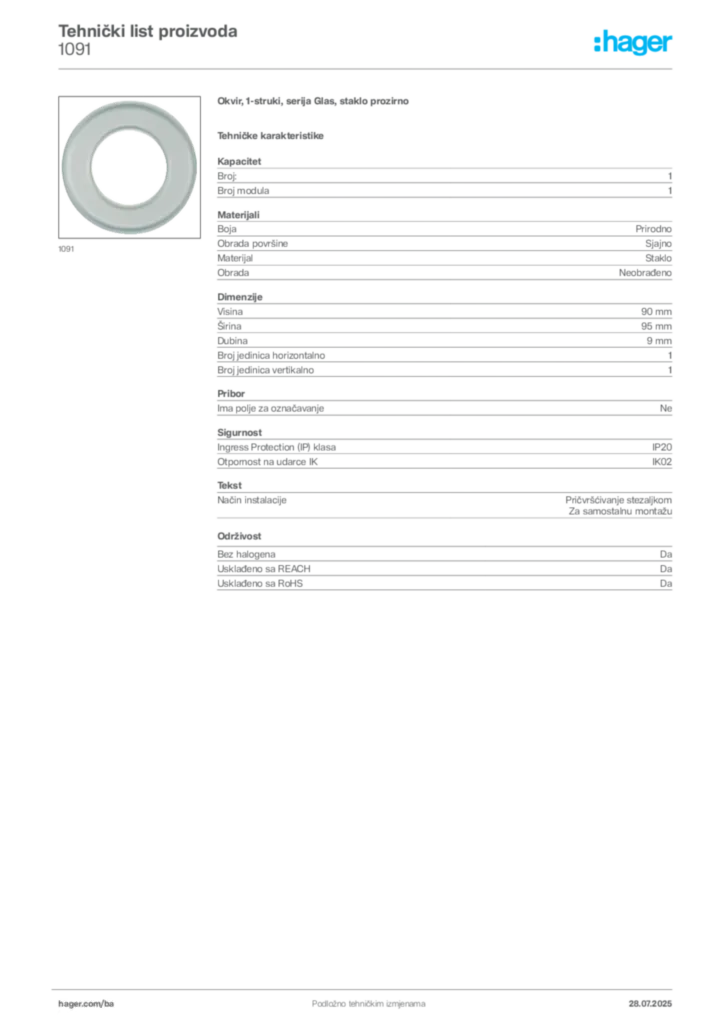 Slika Hager Product data sheet 1091  | Hager