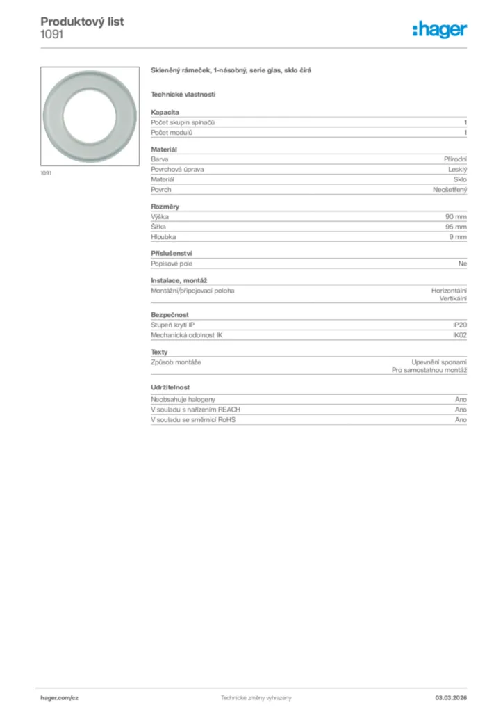 Obrázek Hager Product data sheet 1091 | Hager
