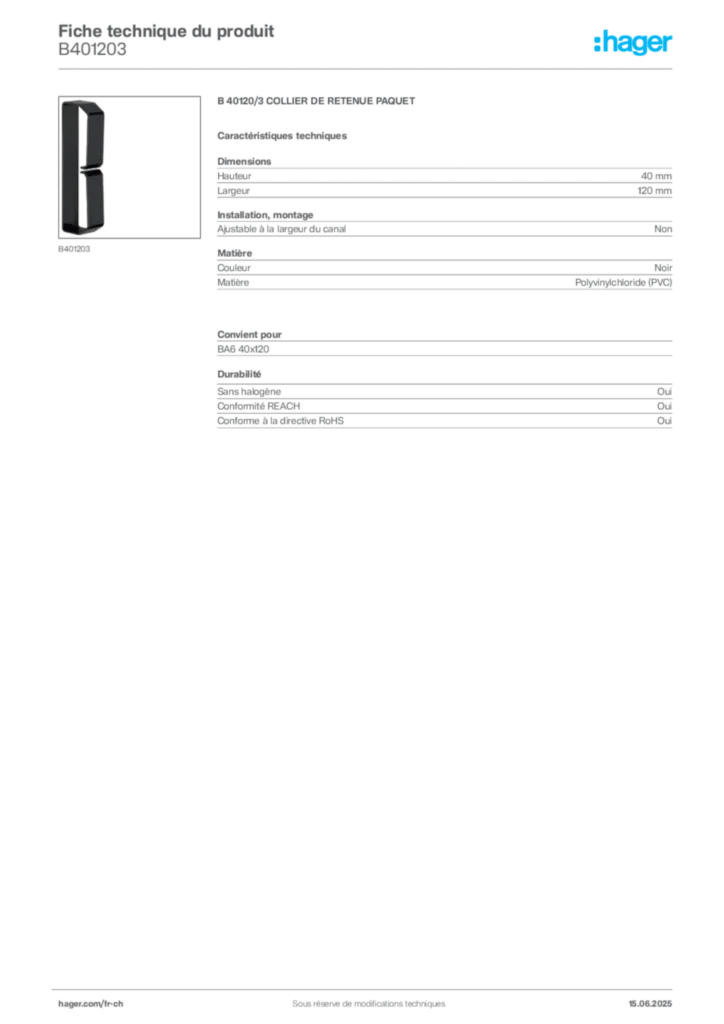 Image Hager Fiche technique du produit B401203 | Hager Suisse