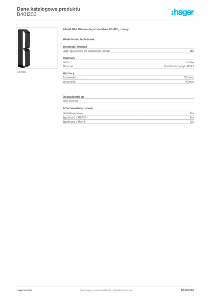 Zdjęcie Hager Karta katalogowa B401203 | Hager Polska