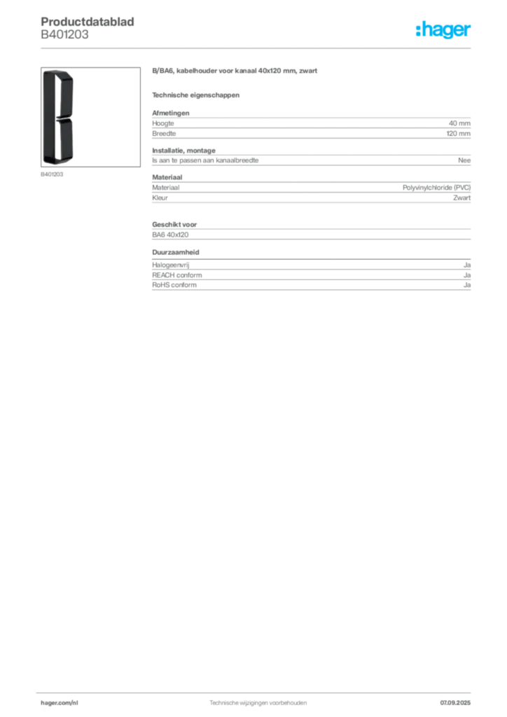 Afbeelding Hager Productdatablad B401203 | Hager Nederland