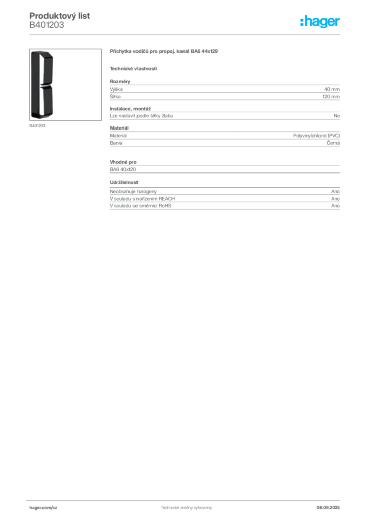 Obrázek Hager Produktový list B401203 | Hager