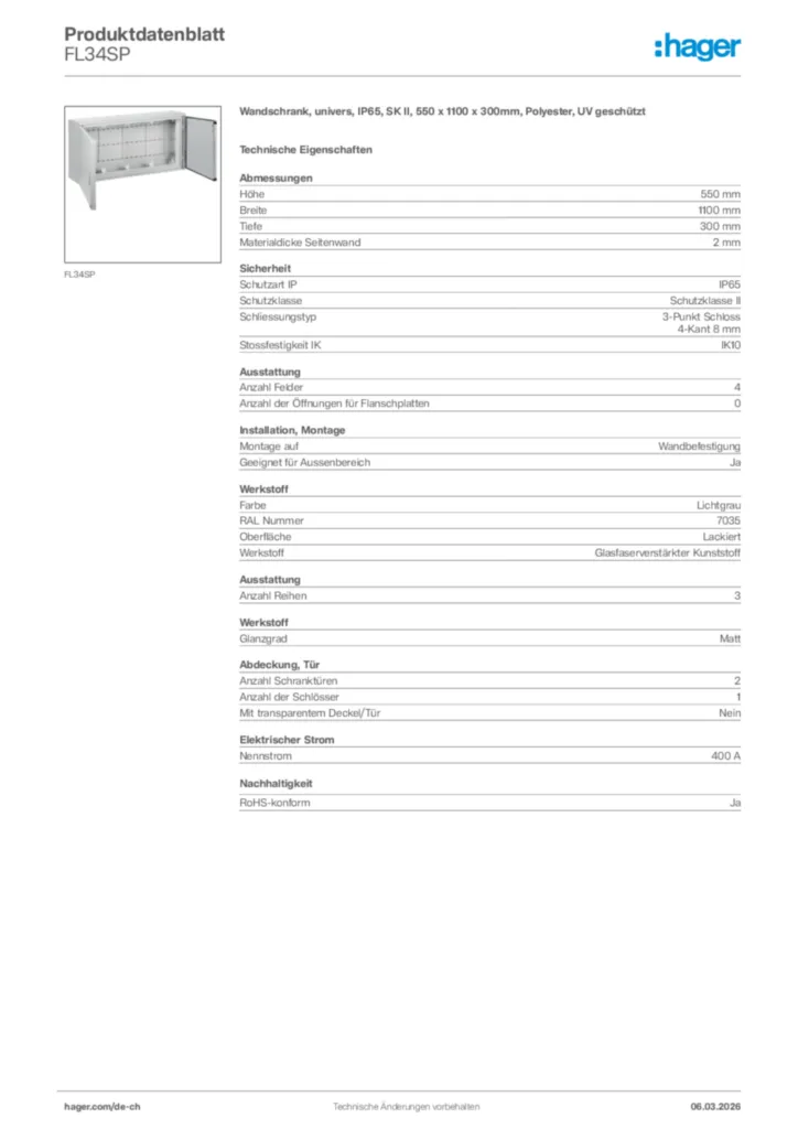Bild Hager Produktdatenblatt FL34SP | Hager Schweiz