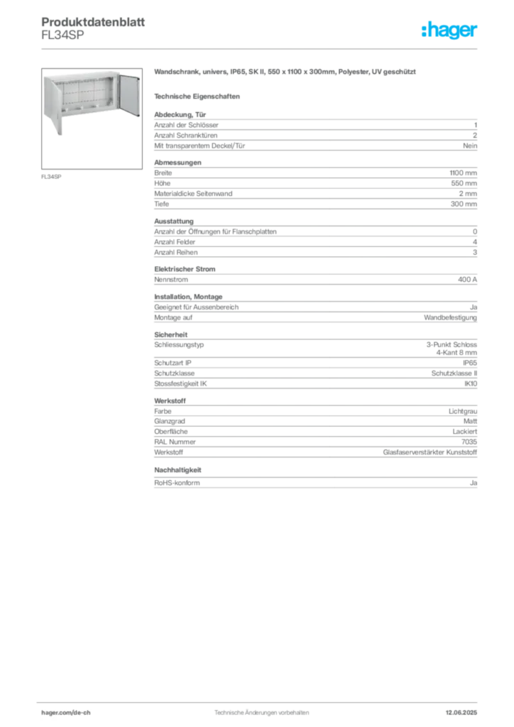 Bild Hager Produktdatenblatt FL34SP | Hager Schweiz