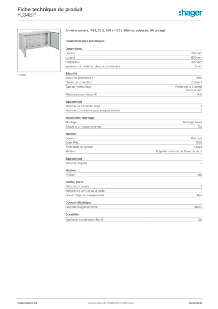 Image Hager Fiche technique du produit FL34SP | Hager Suisse