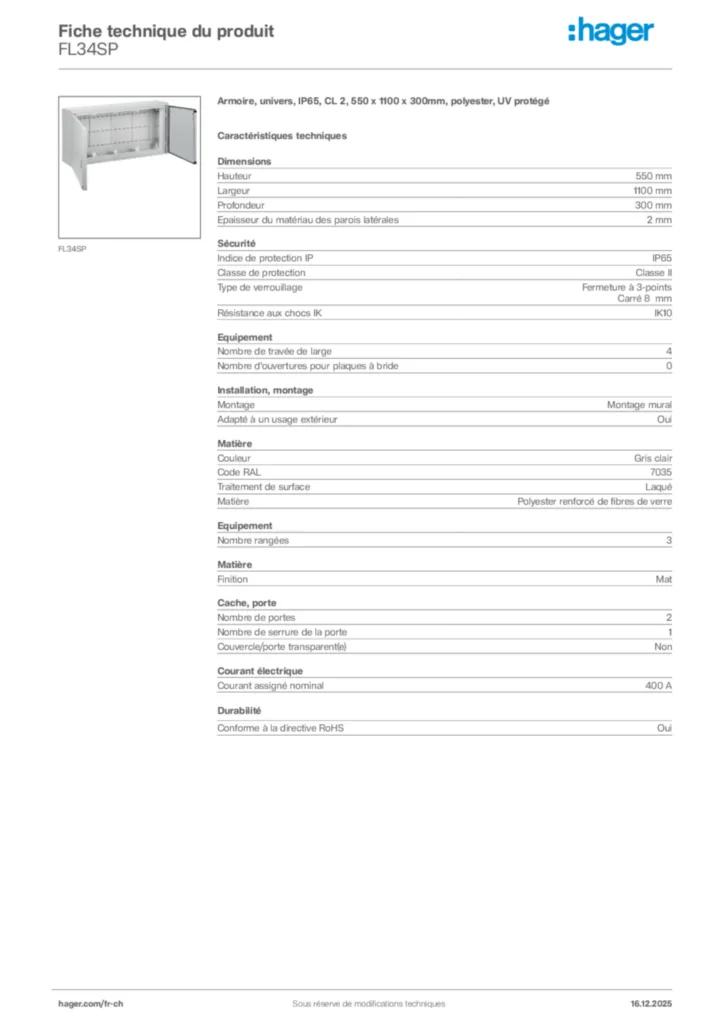 Image Hager Fiche technique du produit FL34SP | Hager Suisse