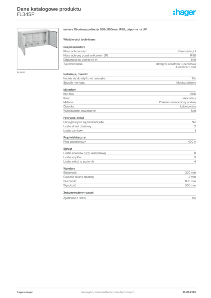Zdjęcie Hager Karta katalogowa FL34SP | Hager Polska