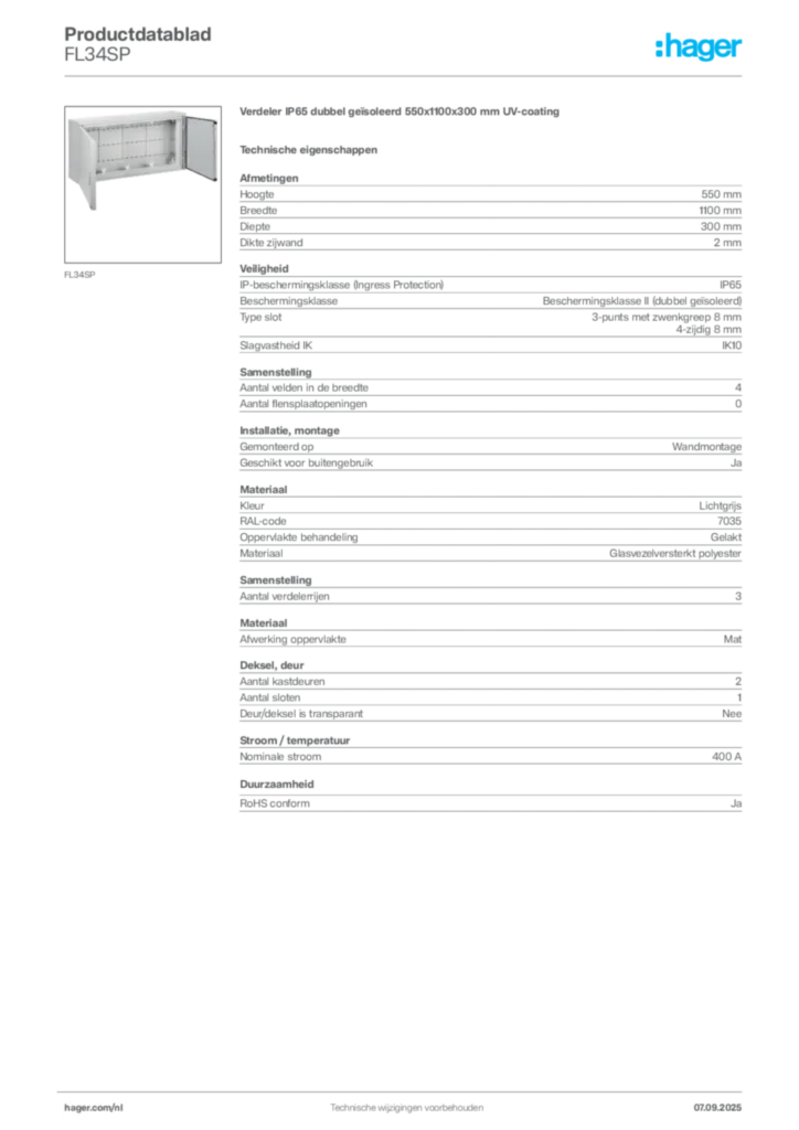 Afbeelding Hager Productdatablad FL34SP | Hager Nederland