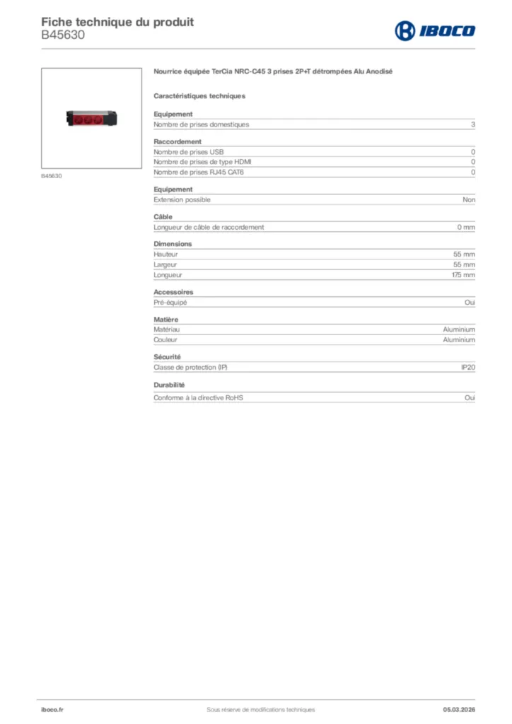 Image Iboco Fiche technique du produit B45630 | Hager France